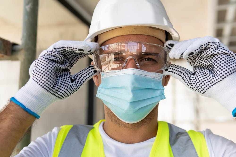 A construction worker is putting on safety glasses before getting to work