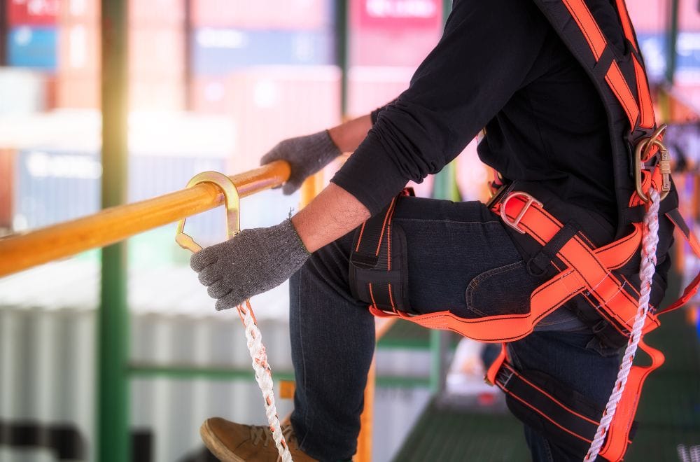 A construction worker is using a body harness to keep him safe and prevent a fall