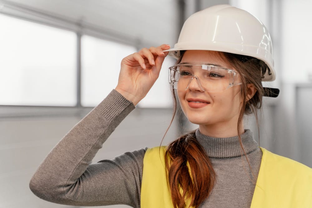 A construction worker is wearing the latest protective safety glasses at the jobsite