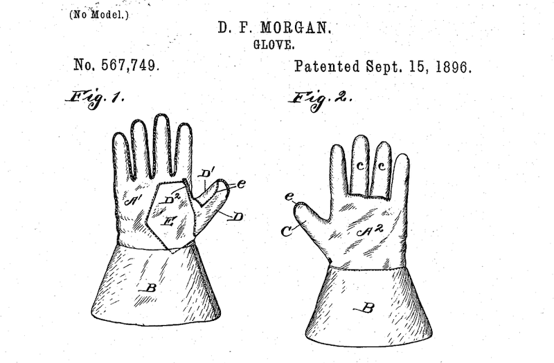 An image of the patented gloves invented by D.F. Morgan on September 15, 1896