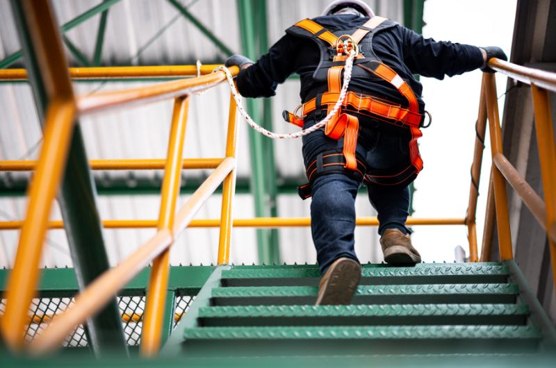 A construction worker is wearing a harness to help prevent him from falling as he goes up the stairs at an active jobsite