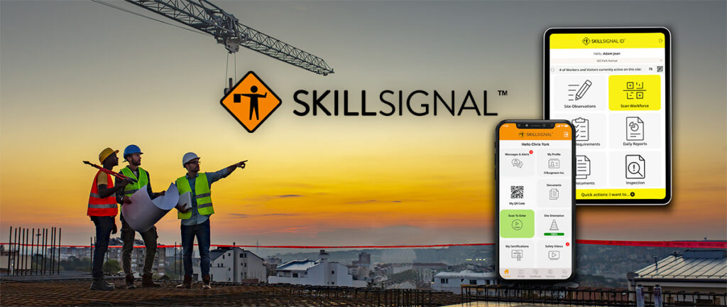 A graphic promoting the SkillSignal construction safety app for construction jobsite use.